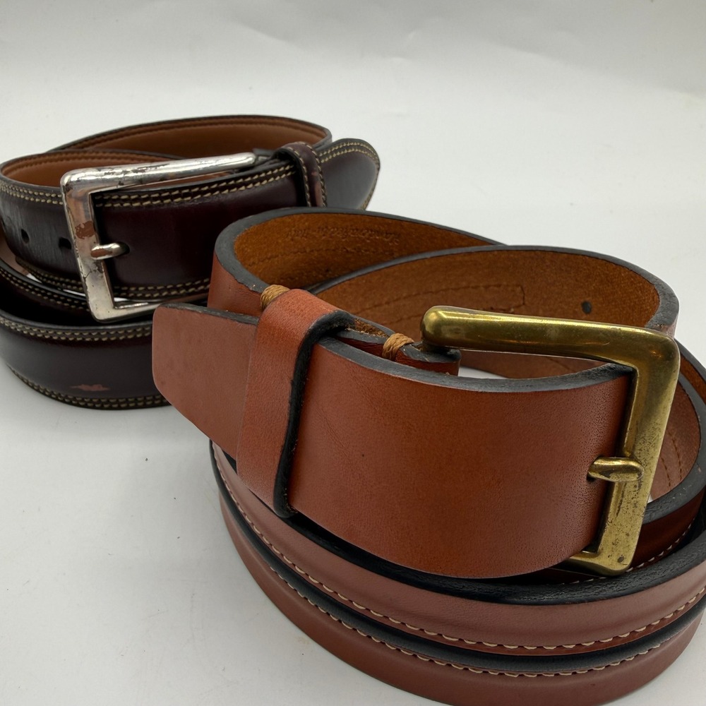 Trafalgar Leather Belts Mens 40 Brown Tan Set Contrast Stitch Brass Silver